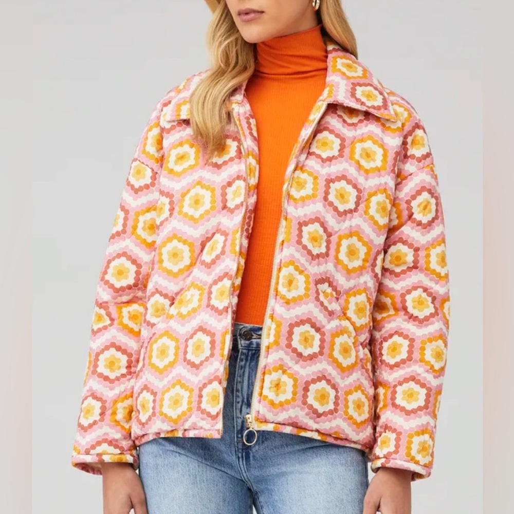 show me your mumu jacket in color “honeycomb daisy” medium